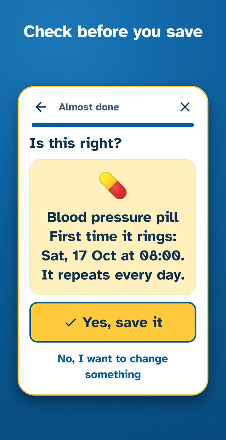 Check before you save: the summary of a new alert, with a big "Yes, save it" button