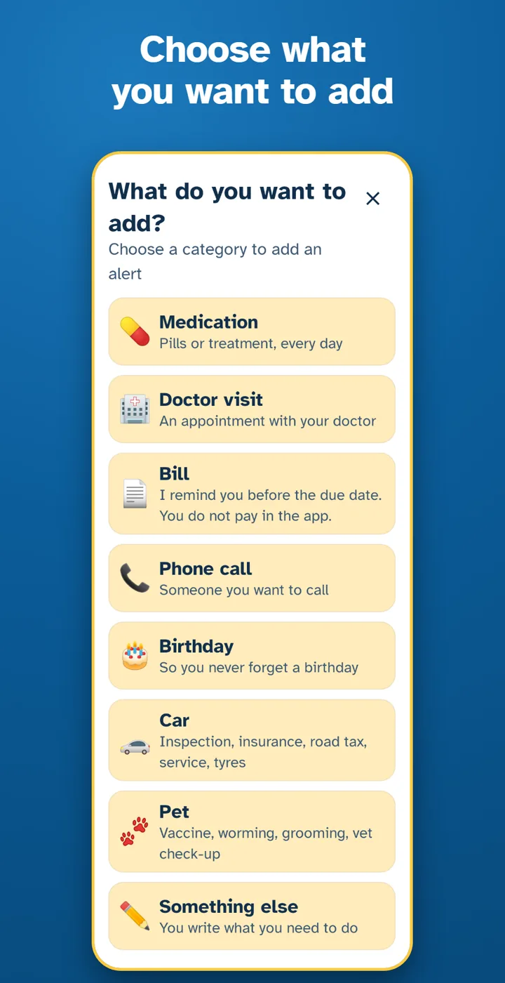 Choose what you want to add: medicine, doctor visit, bill, phone call, birthday, car, pet or something else
