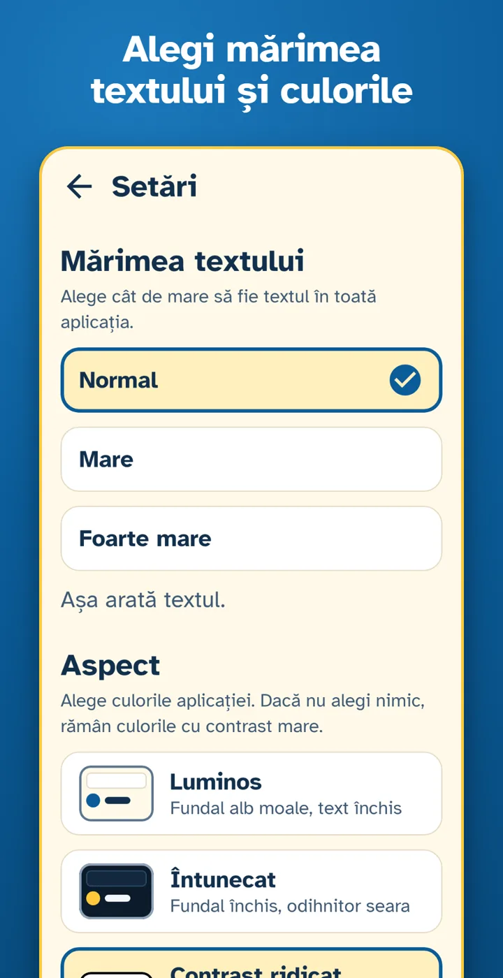 Alegi mărimea textului și culorile din Setări