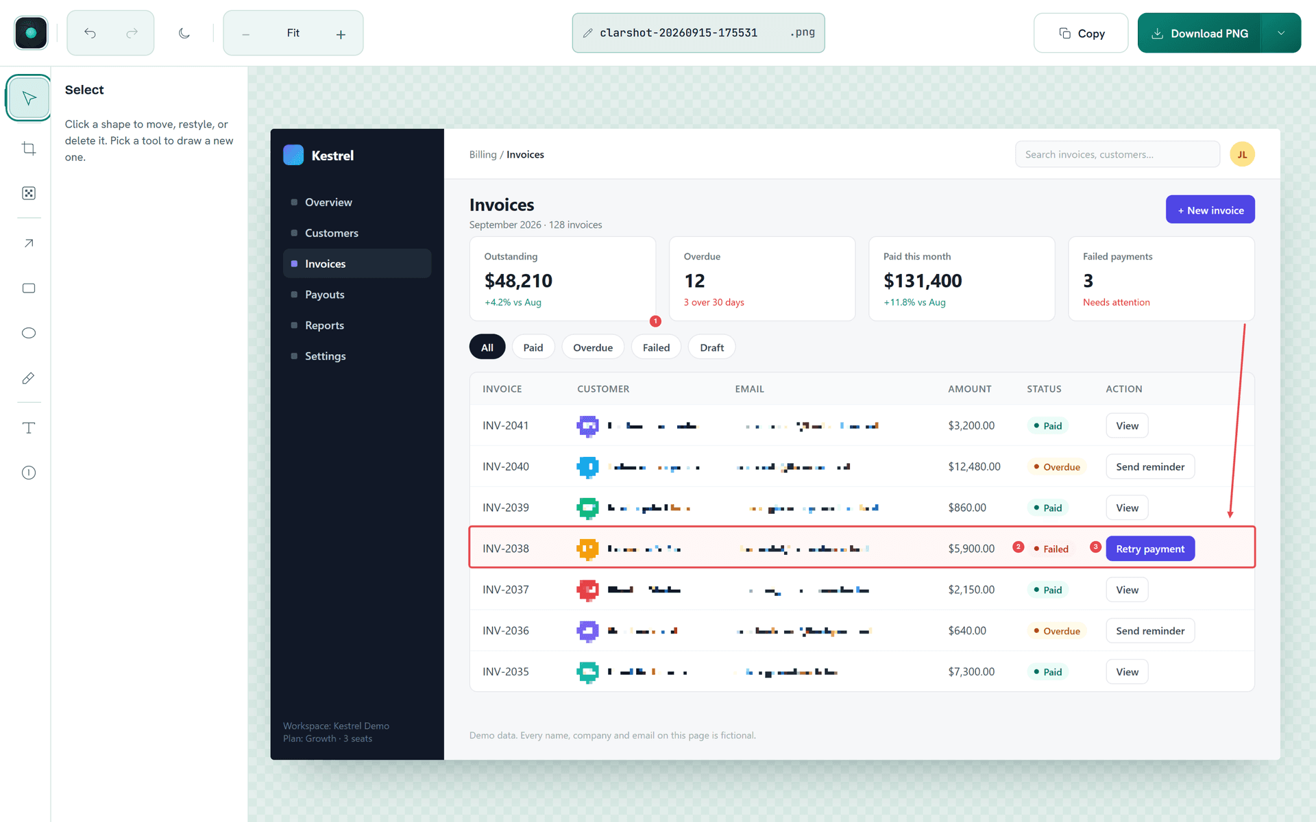 The ClarShot editor with a captured invoice page, pixelated columns and annotations