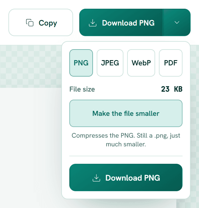 The export menu: PNG, JPEG, WebP and PDF, the file size, and the Make the file smaller button