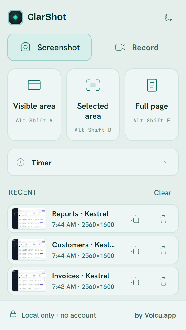The ClarShot popup: Visible area, Selected area, Full page, a timer and the Recent list