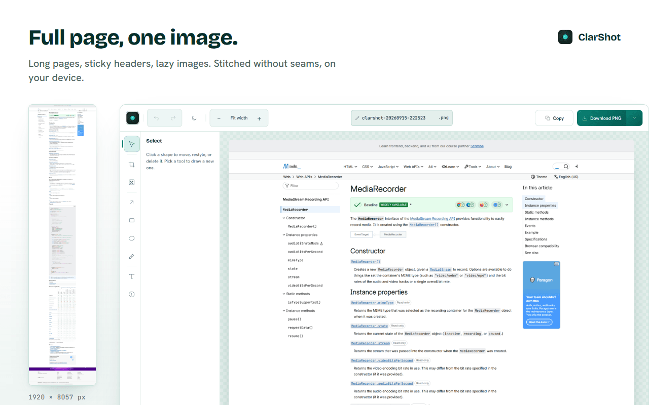 The ClarShot editor with a full-page capture