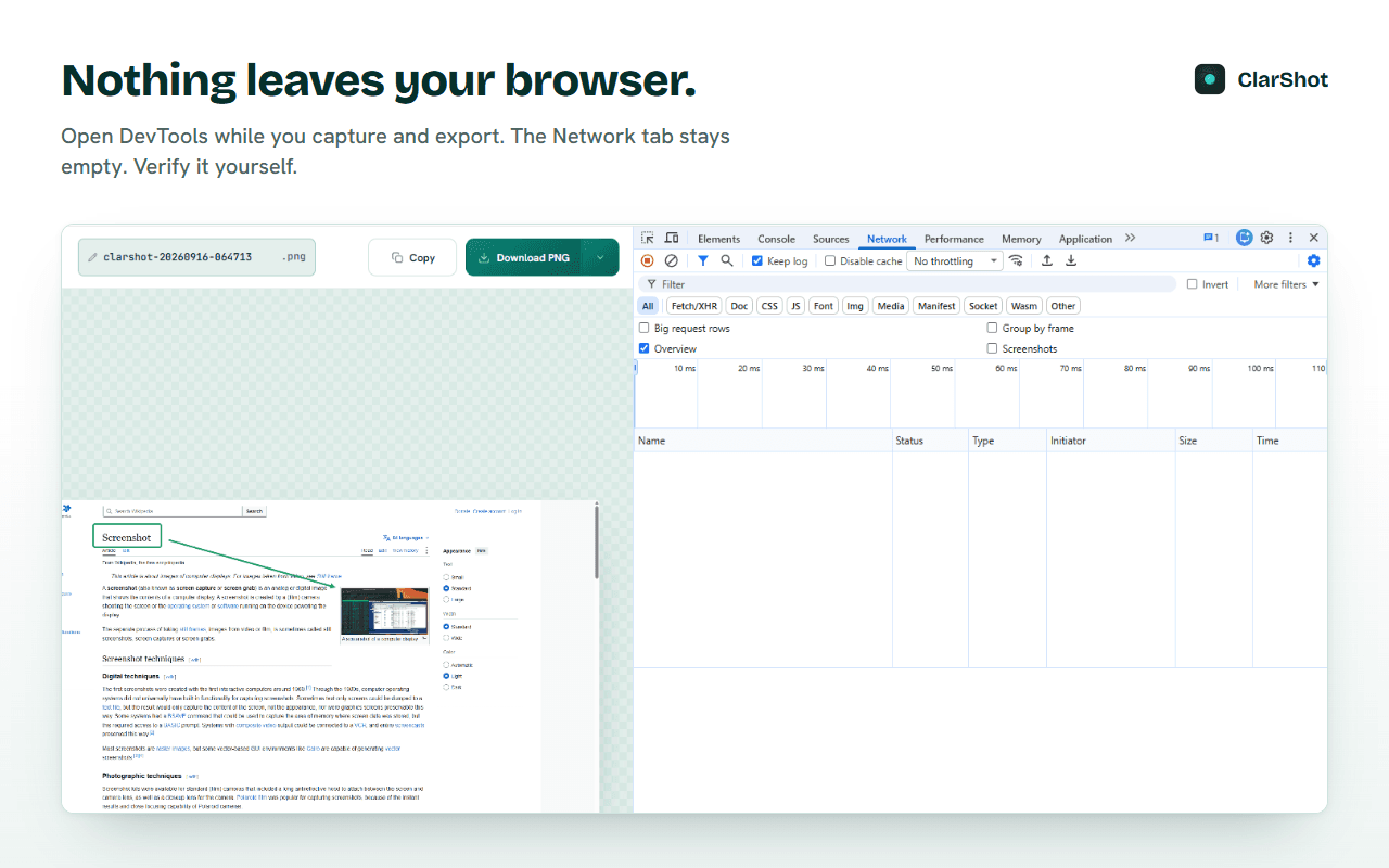 DevTools with an empty Network tab after a ClarShot capture